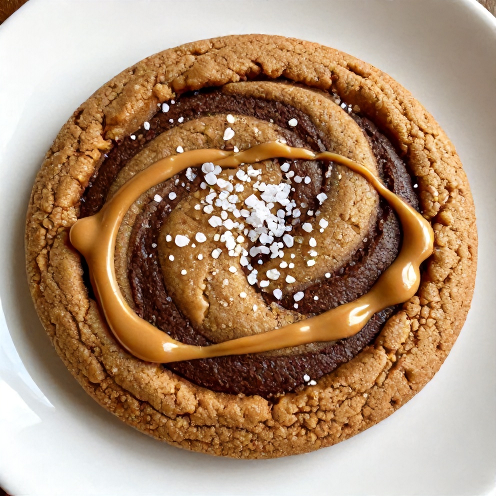 Single easy peanut butter brownie swirl cookie on a white ceramic plate, garnished with flaky sea salt and a drizzle of melted peanut butter.