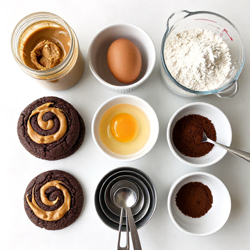 Raw ingredients for easy peanut butter brownie swirl cookies: creamy peanut butter, brown sugar, eggs, all-purpose flour, and cocoa powder.