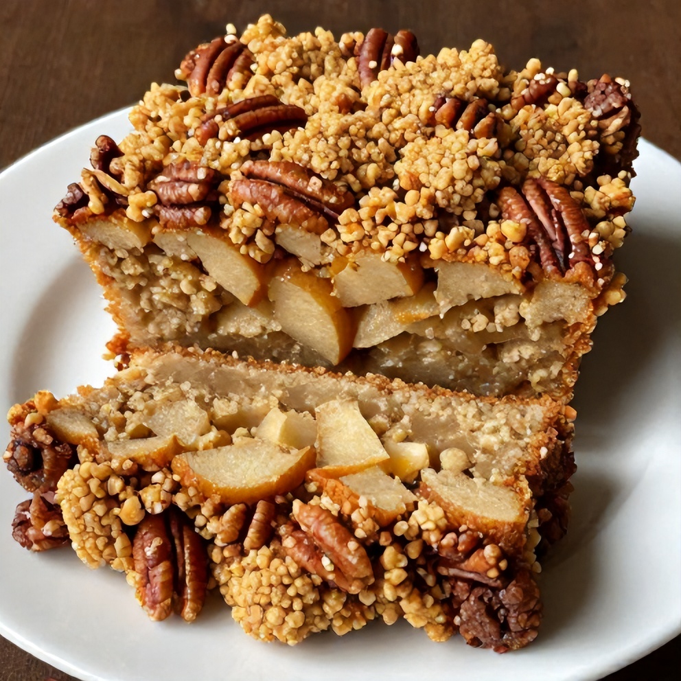 Sliced Easy Pecan Apple Crisp Coffee Cake on a white plate
