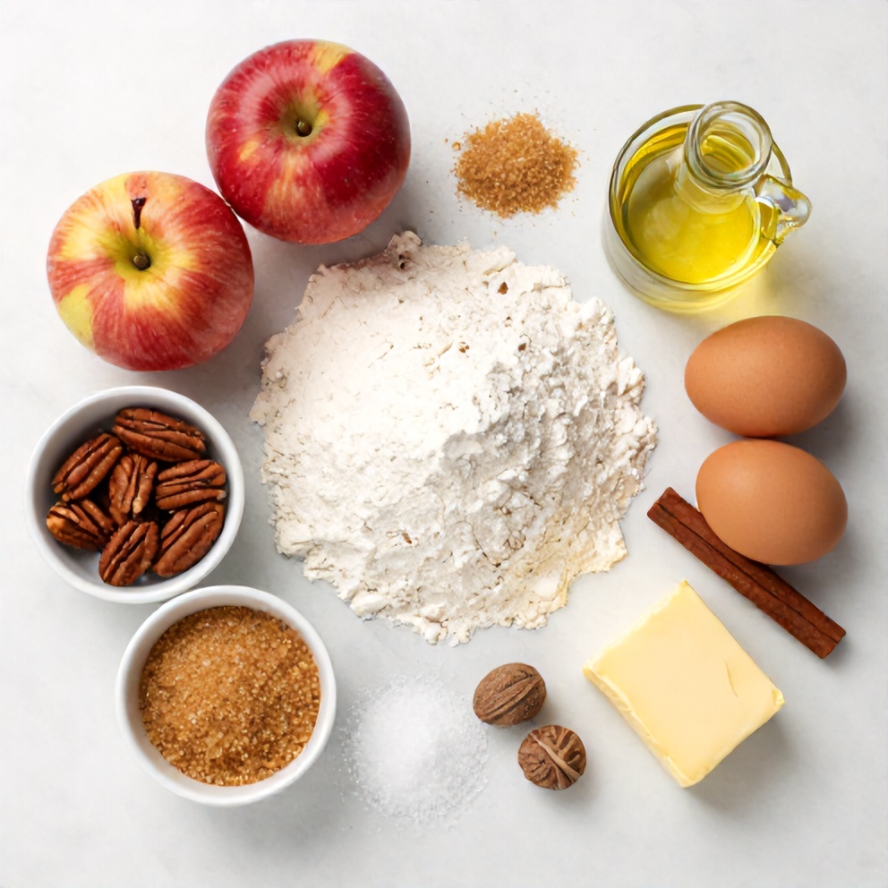 Ingredients for Easy Pecan Apple Crisp Coffee Cake on a marble surface