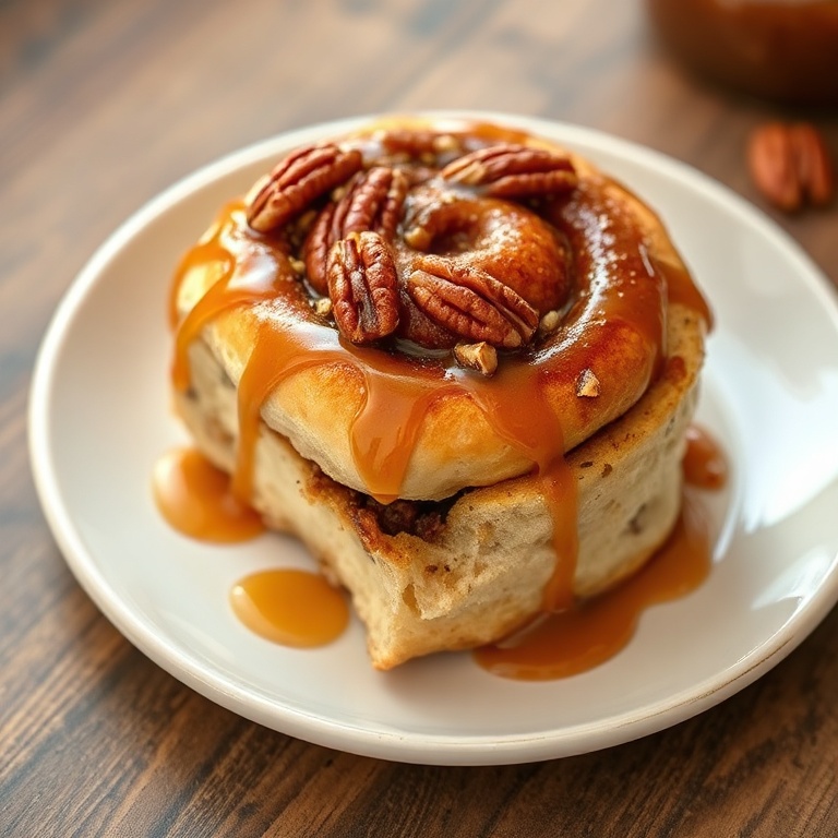 One warm pecan pie cinnamon roll plated on a rustic ceramic dish with a drizzle of caramel and a sprinkle of chopped pecans.