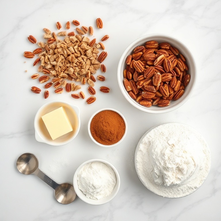 Overhead flat lay of brown sugar, pecans, cinnamon, cream cheese, and all-purpose flour on white marble with small prep bowls and measuring spoons.