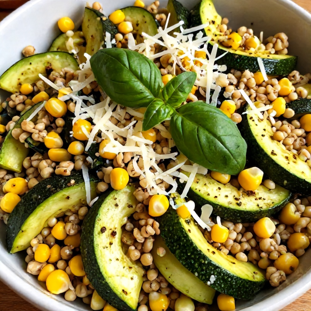 Pesto Zucchini Corn Quinoa Salad ready to serve