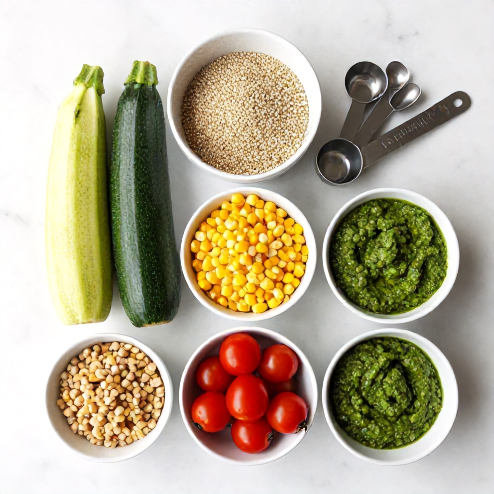 Raw ingredients for Pesto Zucchini Corn Quinoa Salad