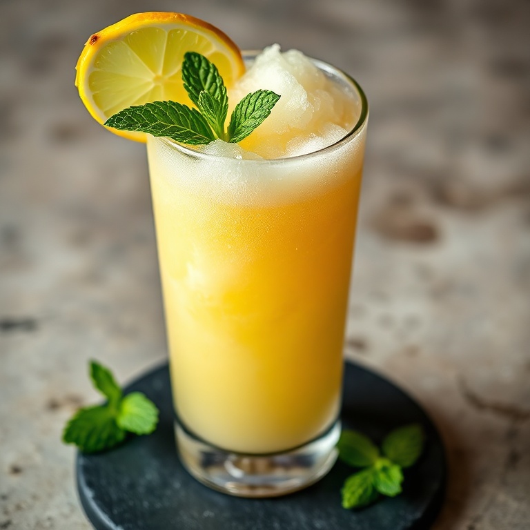 Plated easy pineapple rum slush in a frosty highball glass with lime wedge and mint sprig garnish on a slate coaster.