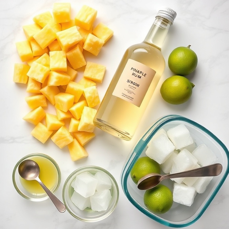 Raw ingredients for easy pineapple rum slush: fresh pineapple chunks, light rum, lime juice, simple syrup, ice cubes, and mint sprigs on white marble.