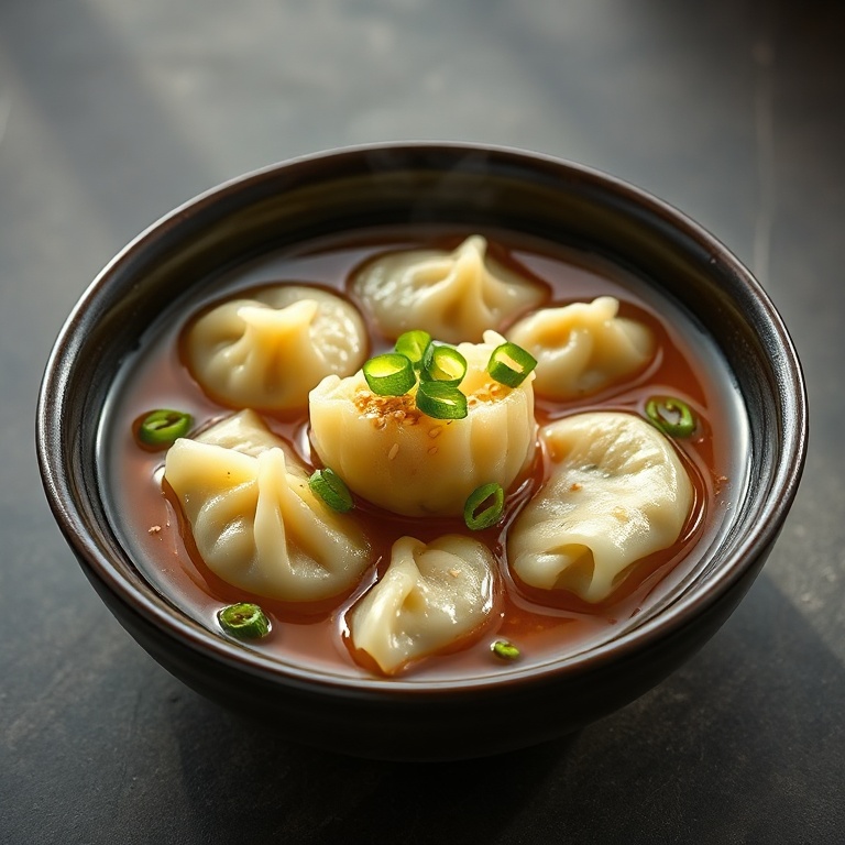Close-up of one bowl of finished easy potsticker soup with garnish of sliced green onions and sesame seeds on dark ceramic bowl.