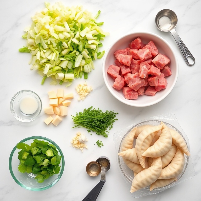 Overhead flat lay of raw ingredients: ground pork, napa cabbage, ginger, garlic, soy sauce, sesame oil, and wonton wrappers on white marble.