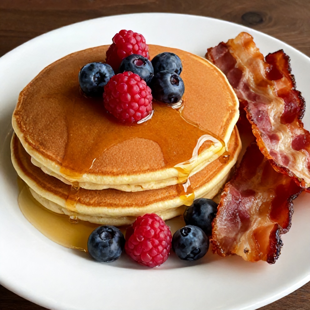 Plated protein pancakes with fresh berries, honey, and a side of crispy bacon