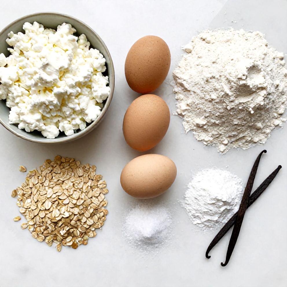 Cottage cheese, oats, eggs, and other ingredients for protein pancakes laid out on a wooden surface
