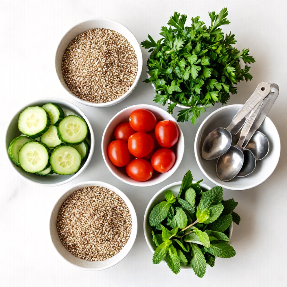 Raw ingredients for Quinoa Tabbouleh Salad