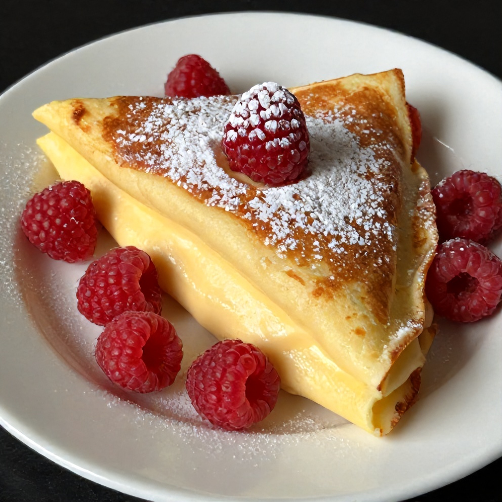 Plated Raspberry Vanilla Cream Crepes with powdered sugar and fresh raspberries