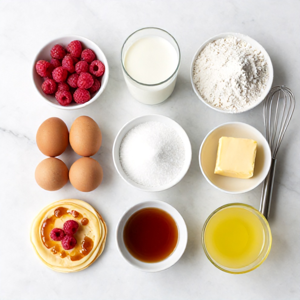 Raspberries, vanilla extract, eggs, milk, flour, sugar, butter, and lemon juice on a wooden surface