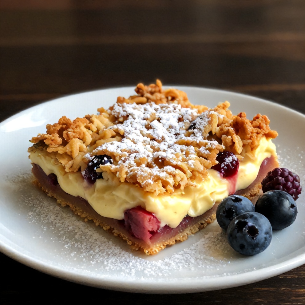 A single serving of rhubarb cream cheese bars on a small plate