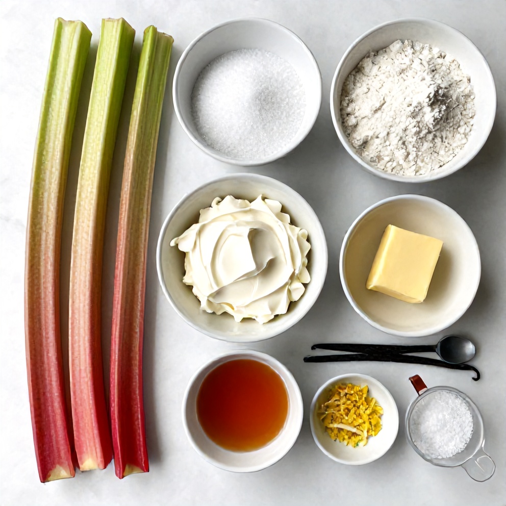 Rhubarb, cream cheese, sugar, and flour arranged on a white marble surface