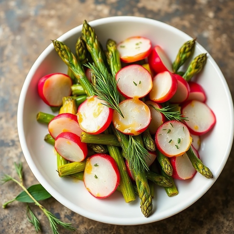 Crispy roasted asparagus and radishes tossed in glossy mustard vinaigrette, garnished with fresh dill, served on a white ceramic bowl