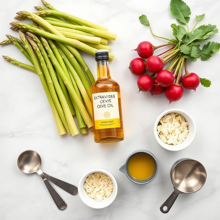 Raw asparagus spears, fresh red radishes, olive oil, Dijon mustard, apple cider vinegar, garlic cloves, salt, and black pepper arranged on white marble