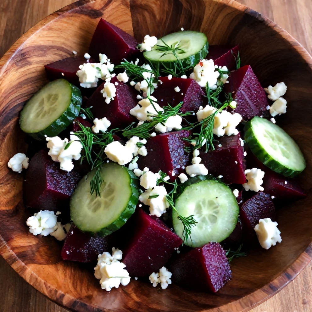 Plated serving of Easy Roasted Beet Salad with Feta and Cucumber