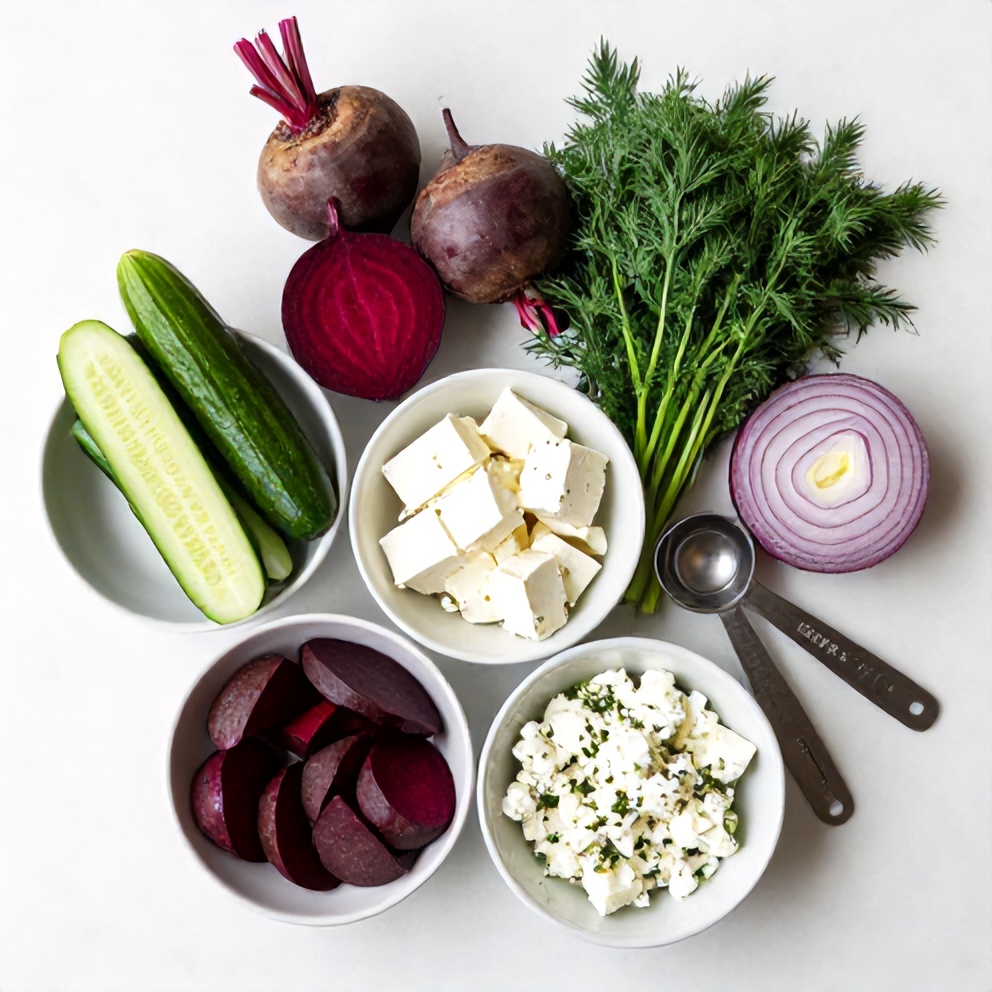 Raw ingredients for Easy Roasted Beet Salad with Feta and Cucumber