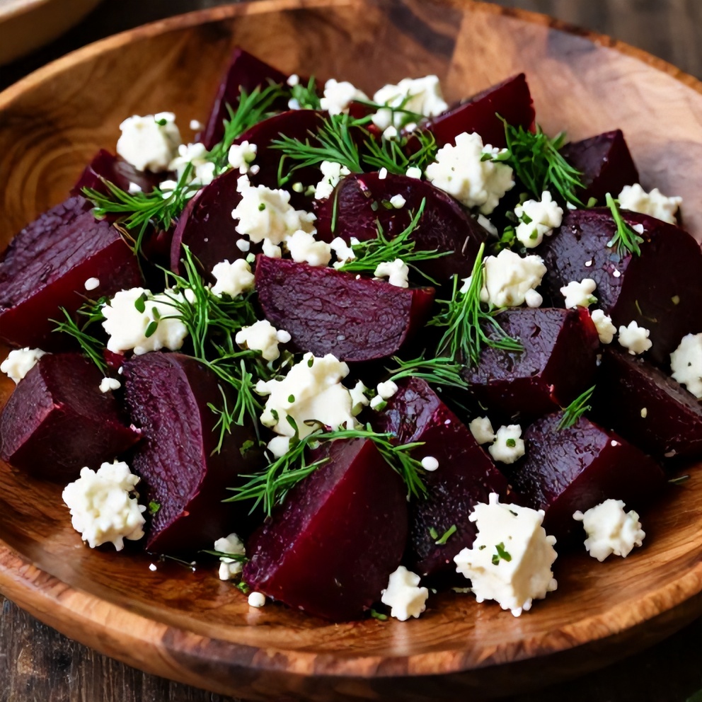 Easy Roasted Beet Salad plated with feta and fresh dill