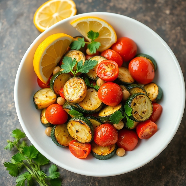 Plated easy roasted Mediterranean vegetables garnished with fresh parsley and lemon wedges on a white ceramic bowl.