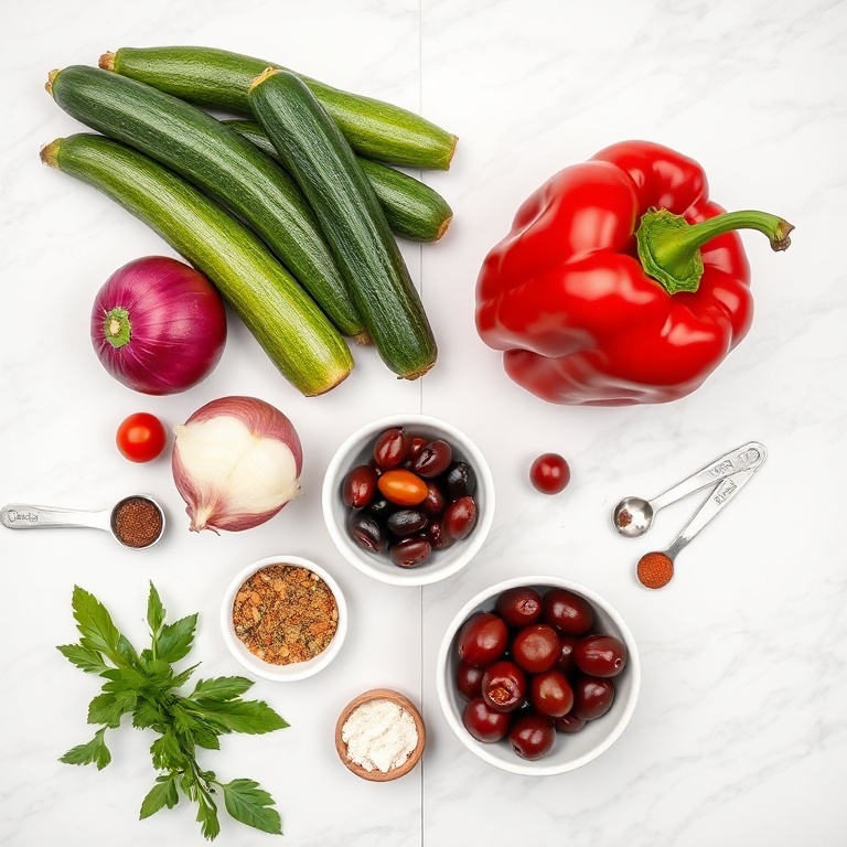 Overhead flat lay of whole zucchini, red bell peppers, red onion, cherry tomatoes, and kalamata olives on white marble with small prep bowls and measuring spoons.