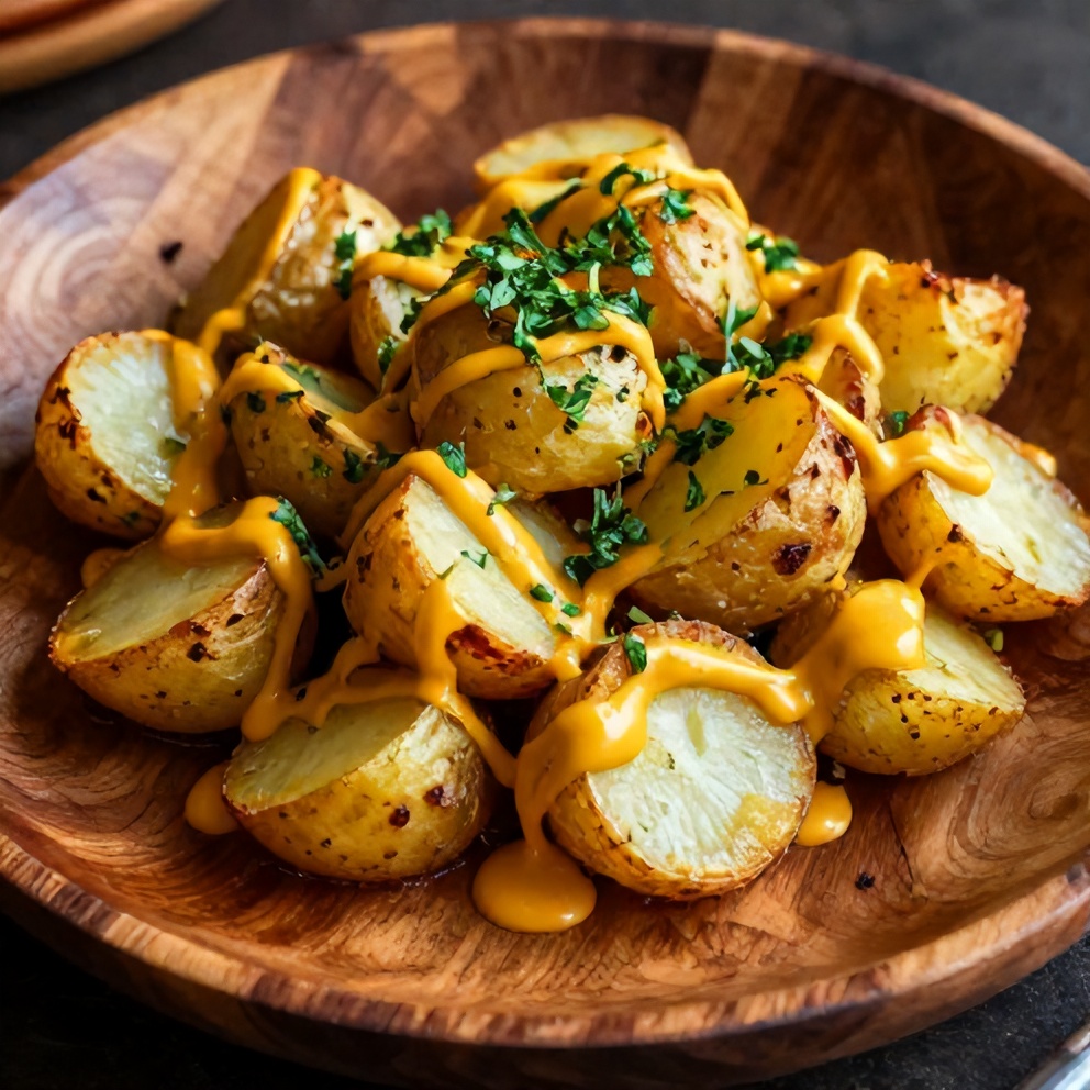 Plated roasted potato salad with fresh herbs and mustard dressing
