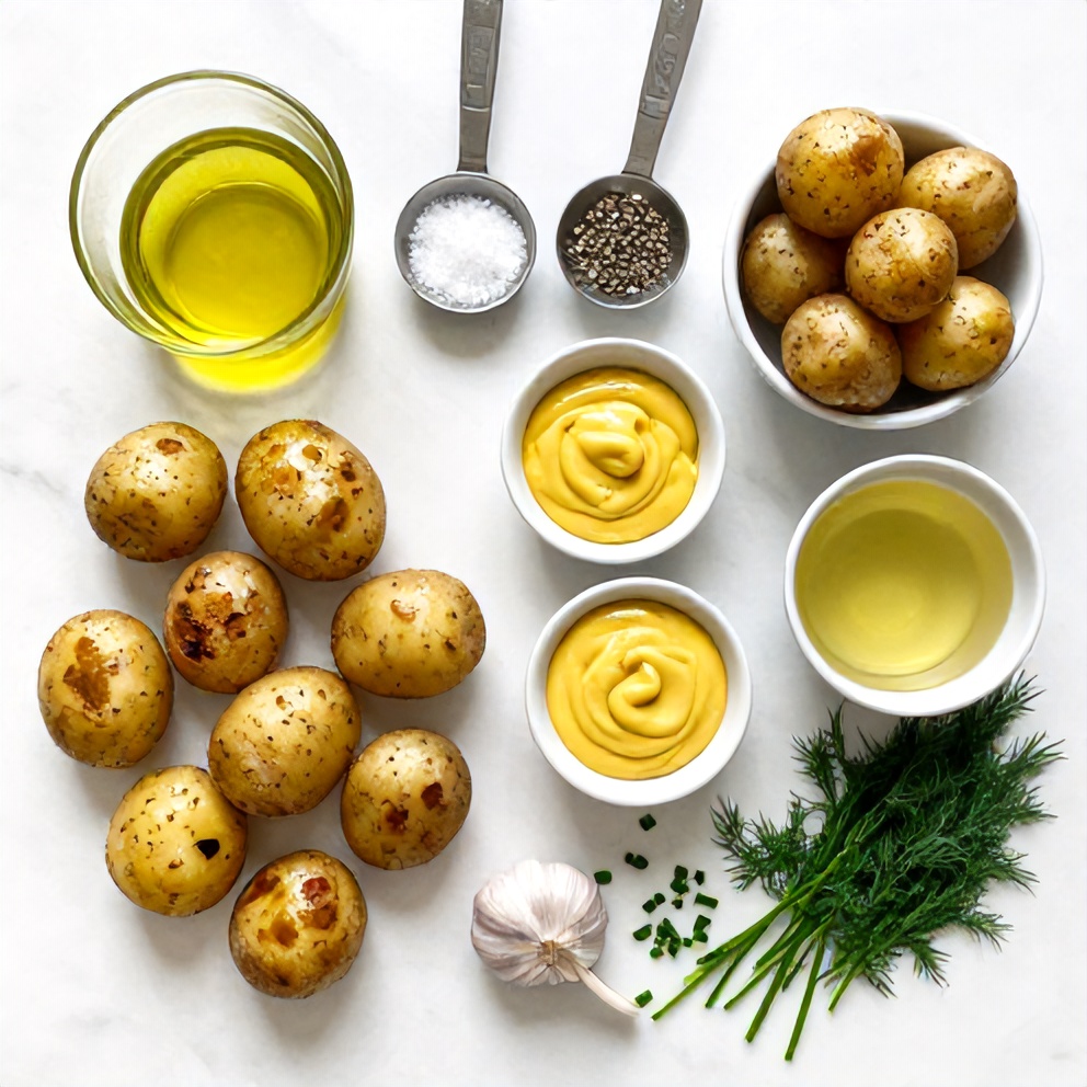 Raw ingredients for roasted potato salad arranged in a flat lay