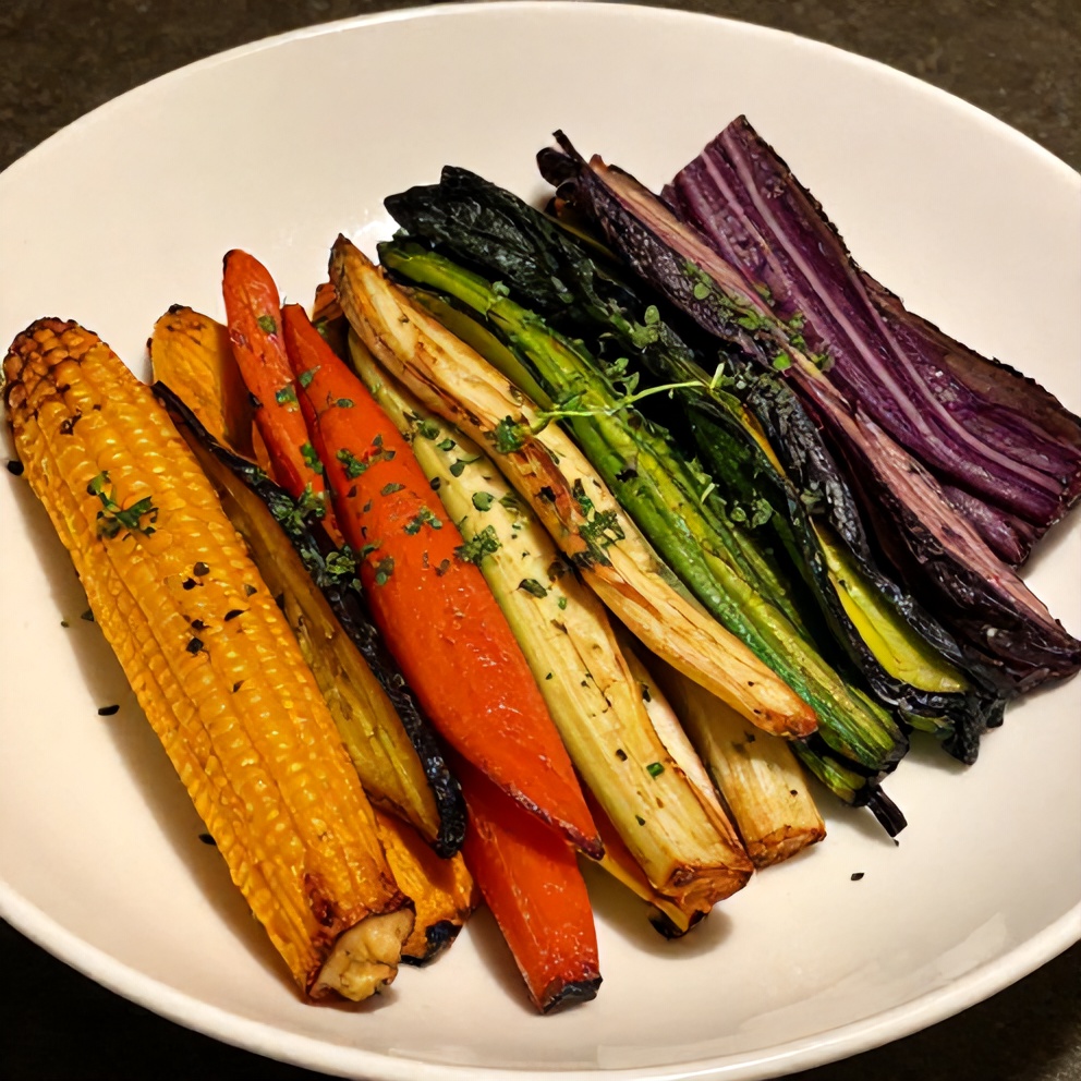 Plated Easy Roasted Rainbow Vegetables with Fresh Herbs
