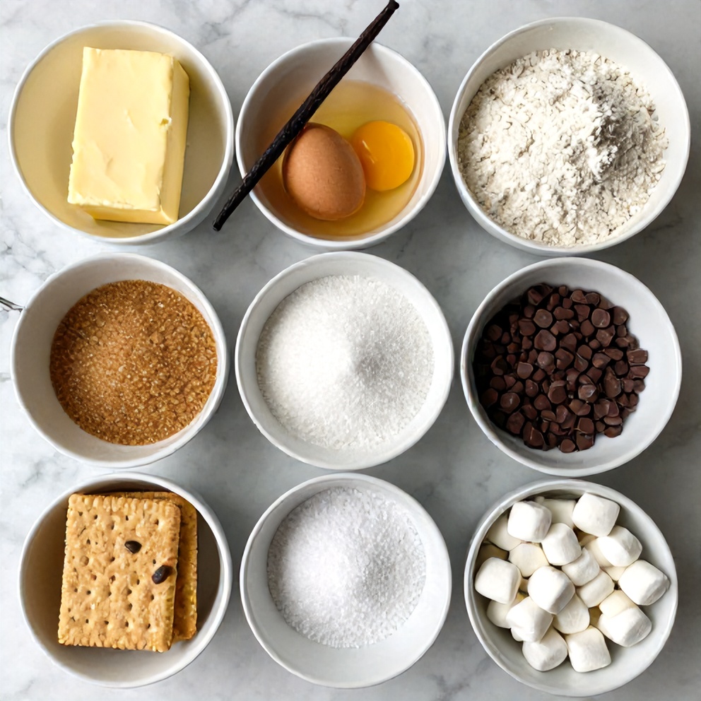 Raw ingredients for s'mores cookie cake on a marble surface