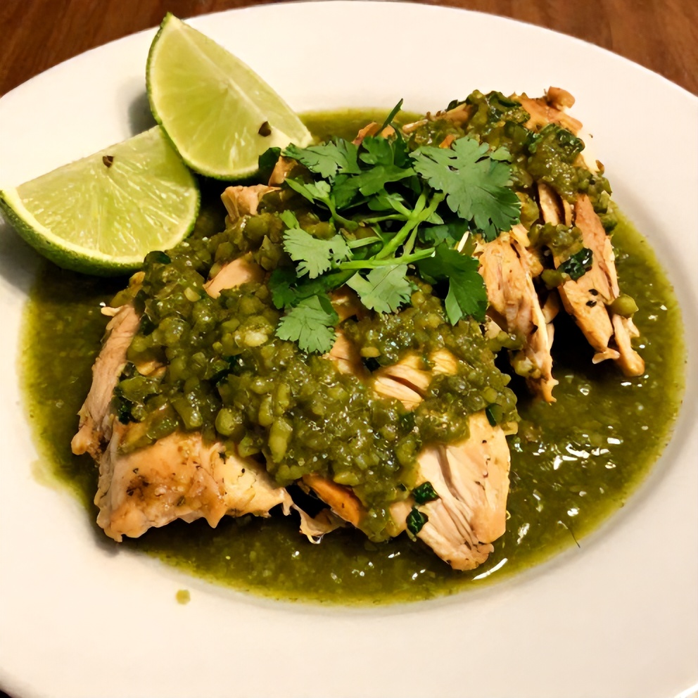 Plated Salsa Verde Chicken with lime wedge and cilantro garnish