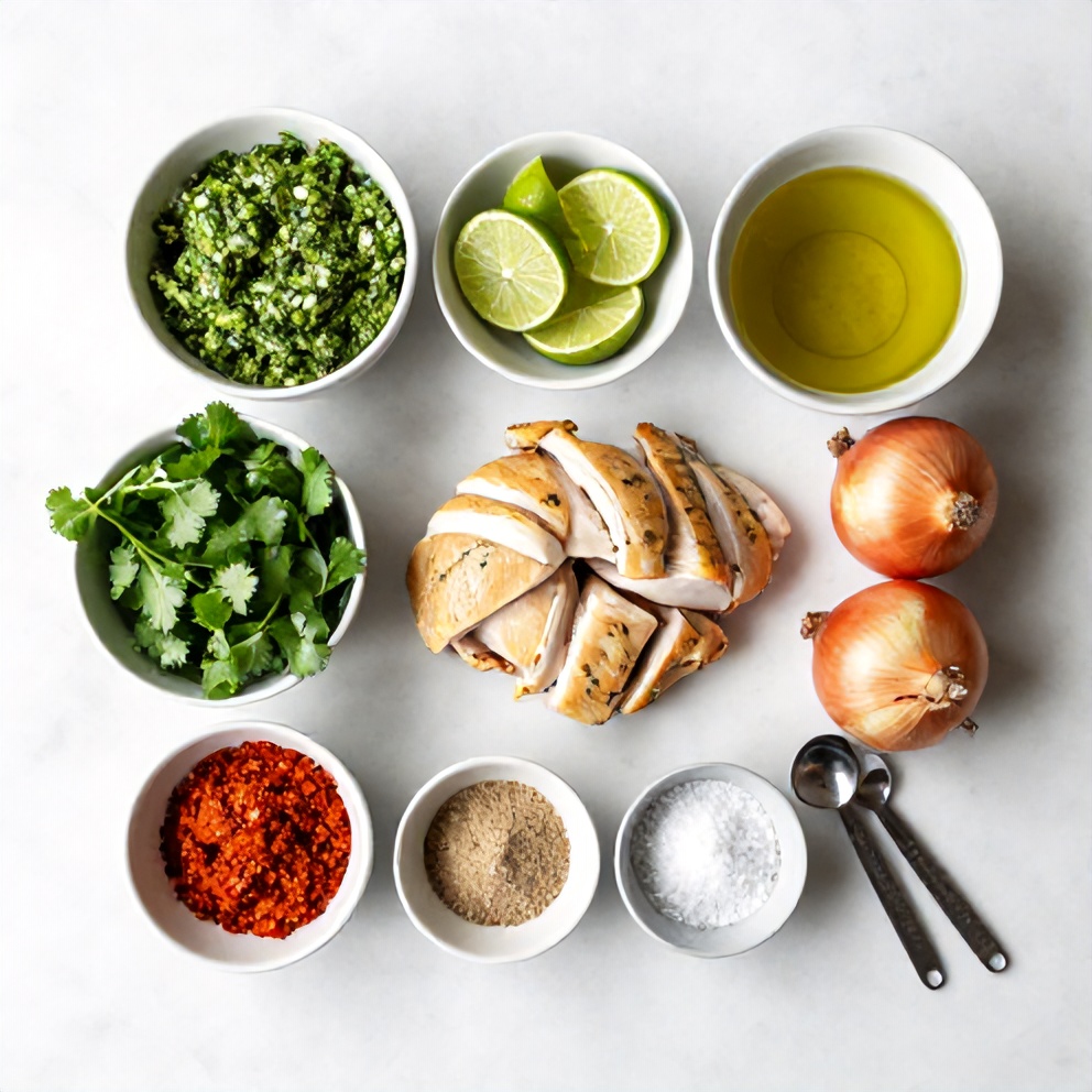 Raw ingredients for Salsa Verde Chicken: chicken, salsa verde, limes, cilantro, garlic, onion, etc.