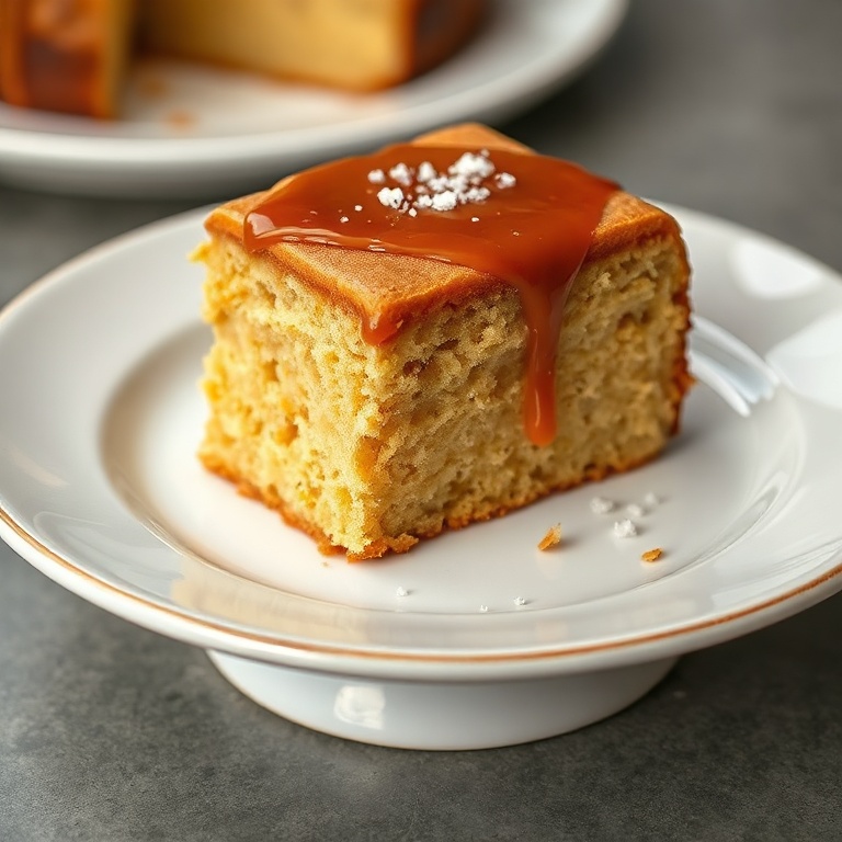 Sliced salted caramel cake on a white ceramic cake stand with flaky sea salt and caramel drizzle on top
