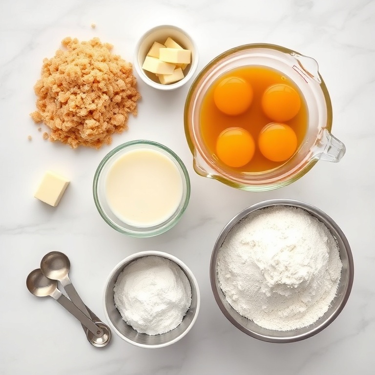 Raw ingredients for salted caramel cake: brown sugar, unsalted butter, heavy cream, eggs, all-purpose flour, caramel sauce, sea salt flakes, vanilla extract, baking powder, and powdered sugar