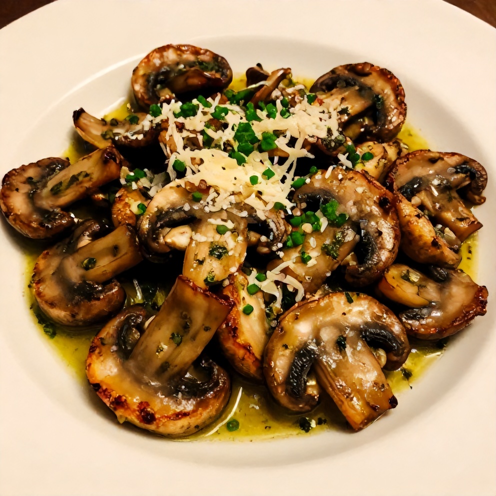 Plated sautéed mushrooms in garlic herb butter