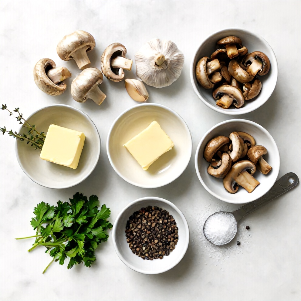 Raw mushrooms, garlic, butter, herbs, and seasonings laid out