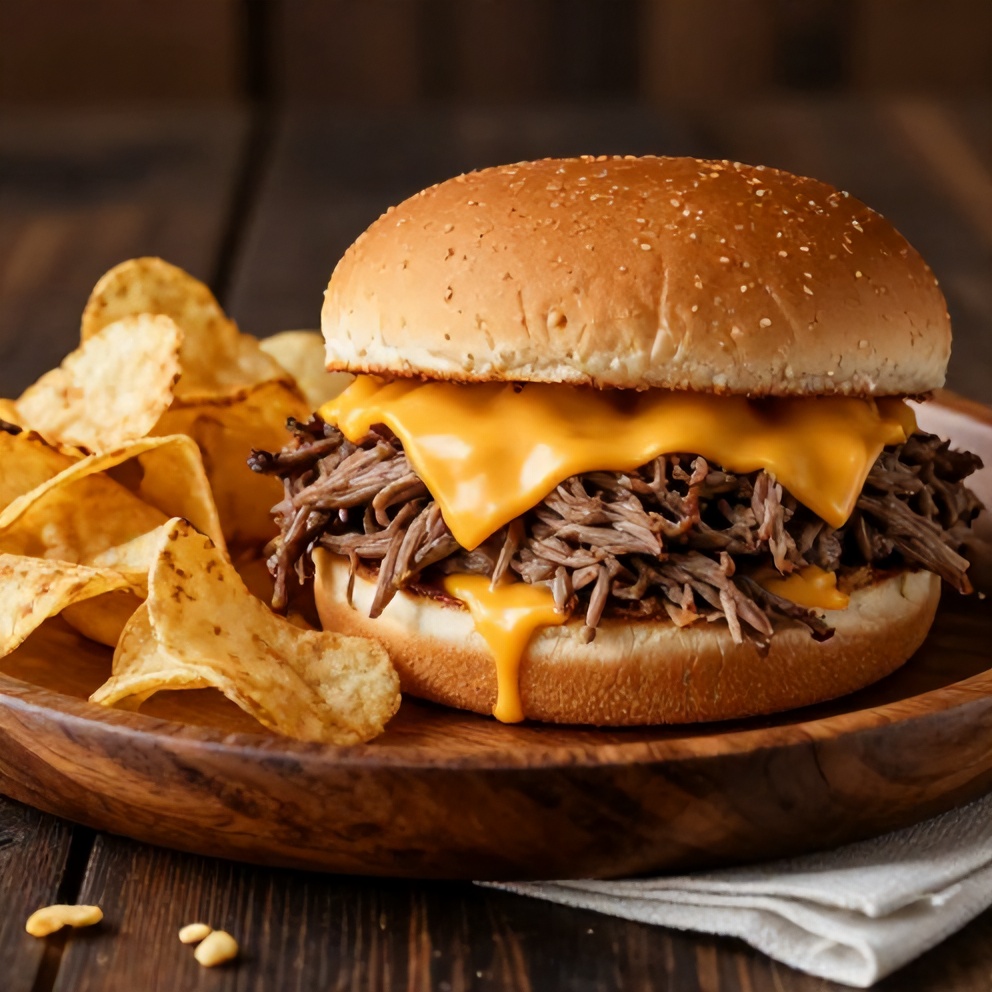 Plated beef and cheddar sandwich with a side of chips