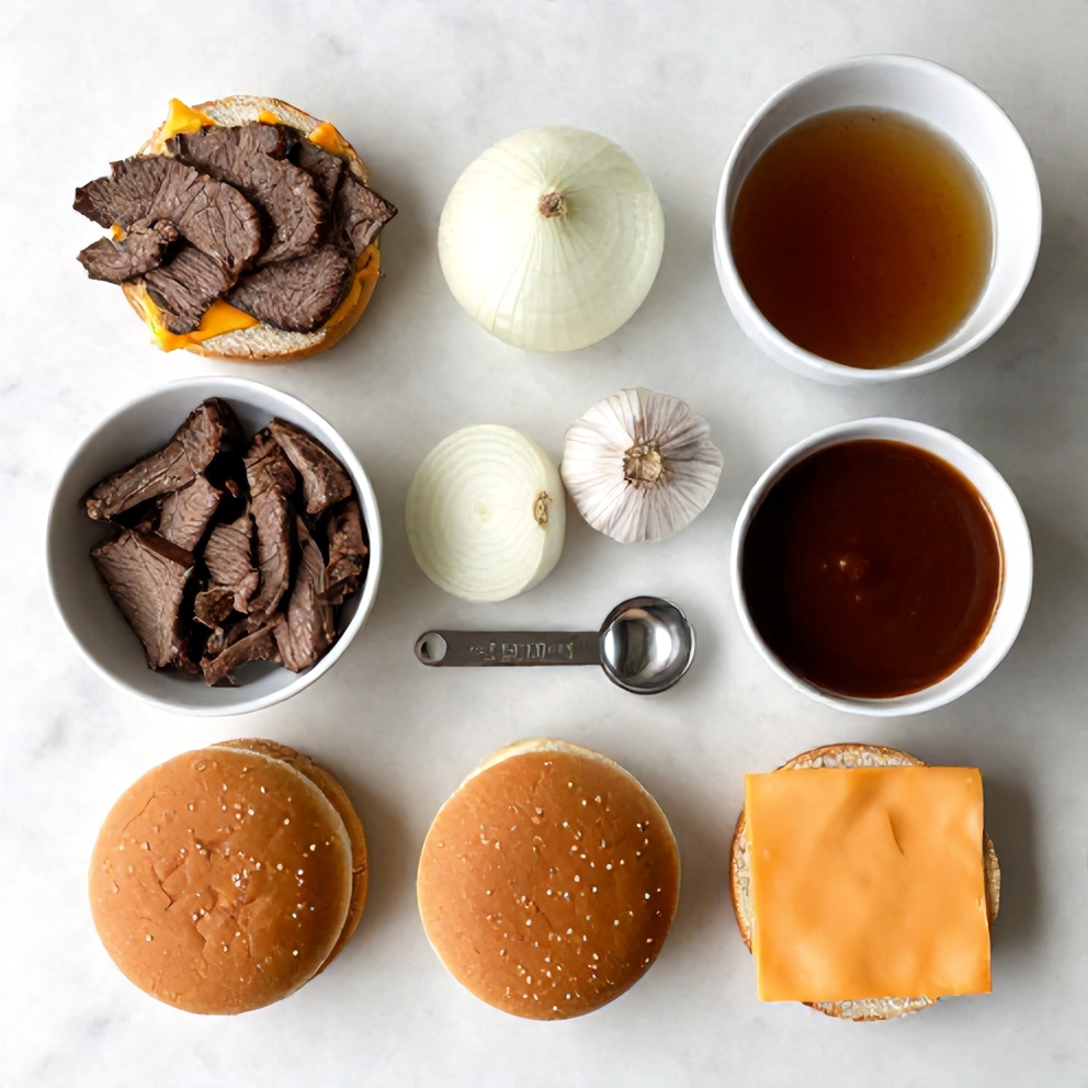 Flat lay of ingredients for beef and cheddar sandwiches