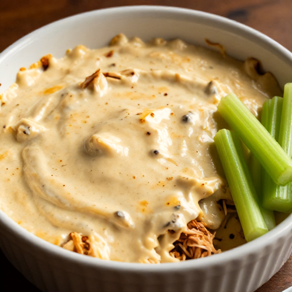 Plated Buffalo Chicken Dip with celery sticks