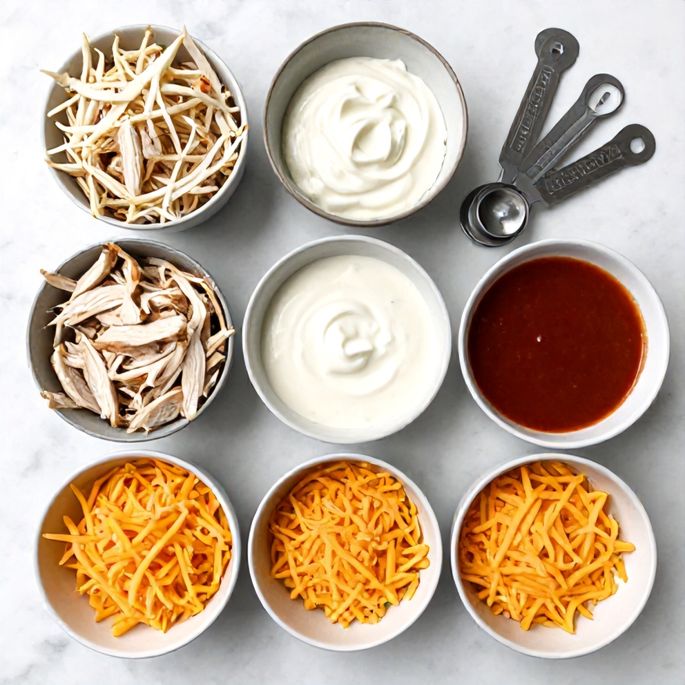 Raw ingredients for Buffalo Chicken Dip laid out
