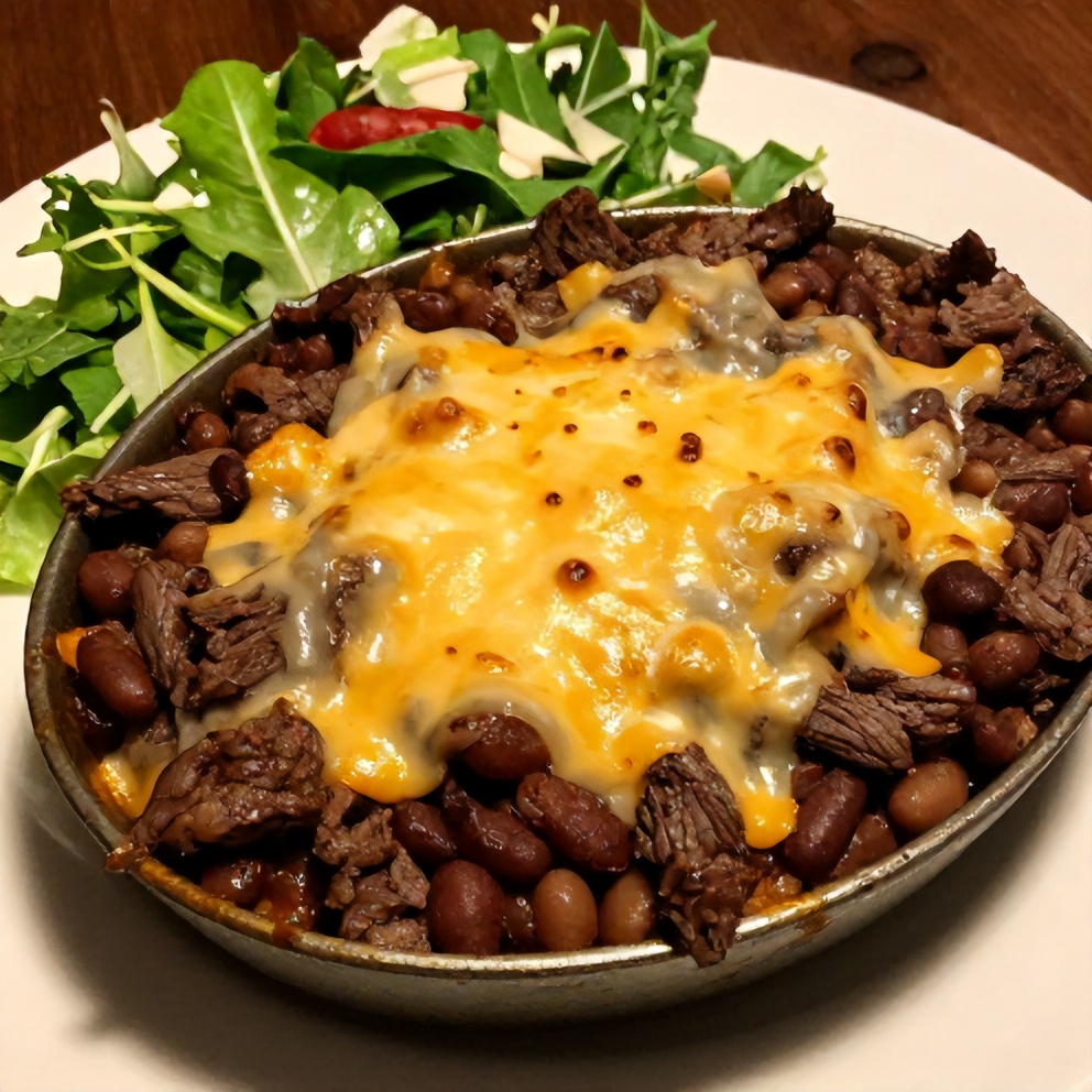 Plated cowboy casserole with a side of green salad