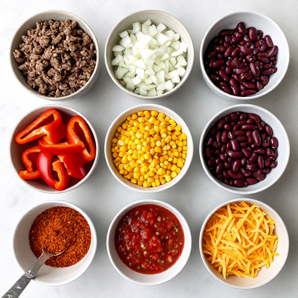 Ground beef, bell peppers, onions, and other ingredients laid out