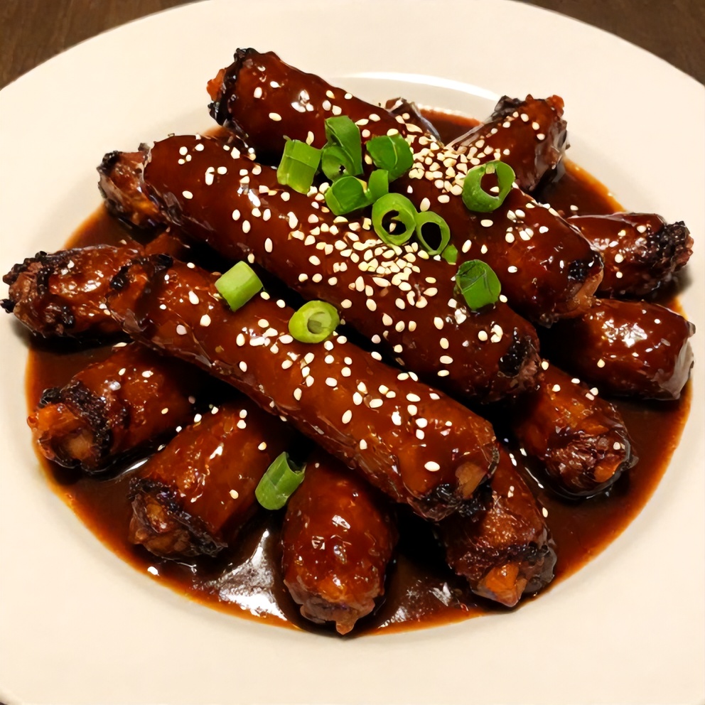 Plated Little Smokies in BBQ Sauce on a serving dish