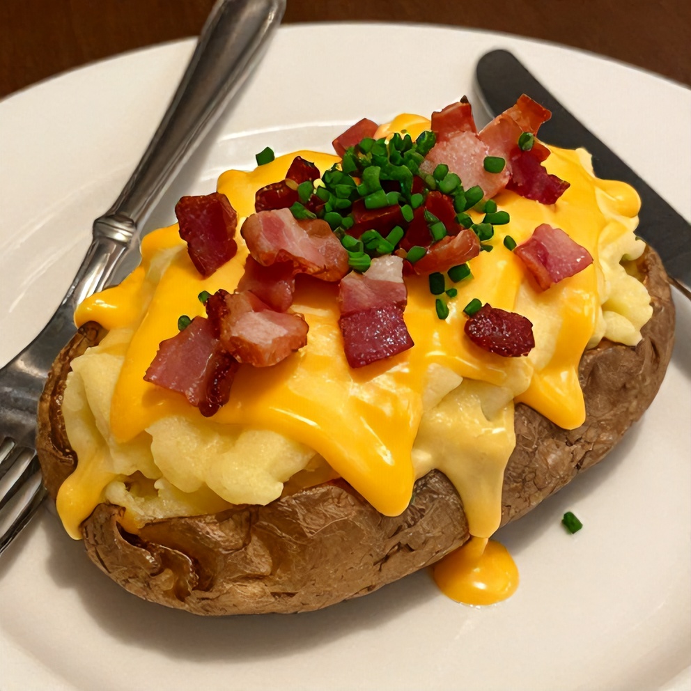 Plated loaded baked potatoes