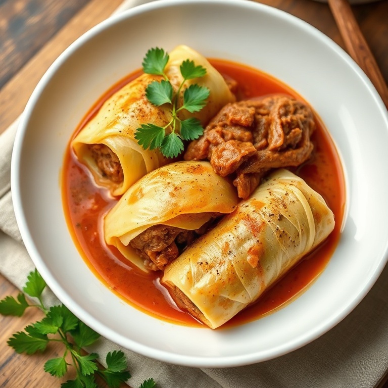 One serving of unstuffed cabbage rolls in a wide white bowl, garnished with fresh parsley, spoon showing layered sauce and cabbage, warm side lighting highlighting texture