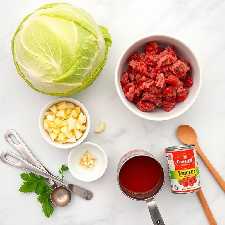 Overhead flat lay of ground beef, shredded green cabbage, diced onion, garlic cloves, canned tomato sauce, small prep bowls, measuring spoons, and a wooden spoon on white marble surface