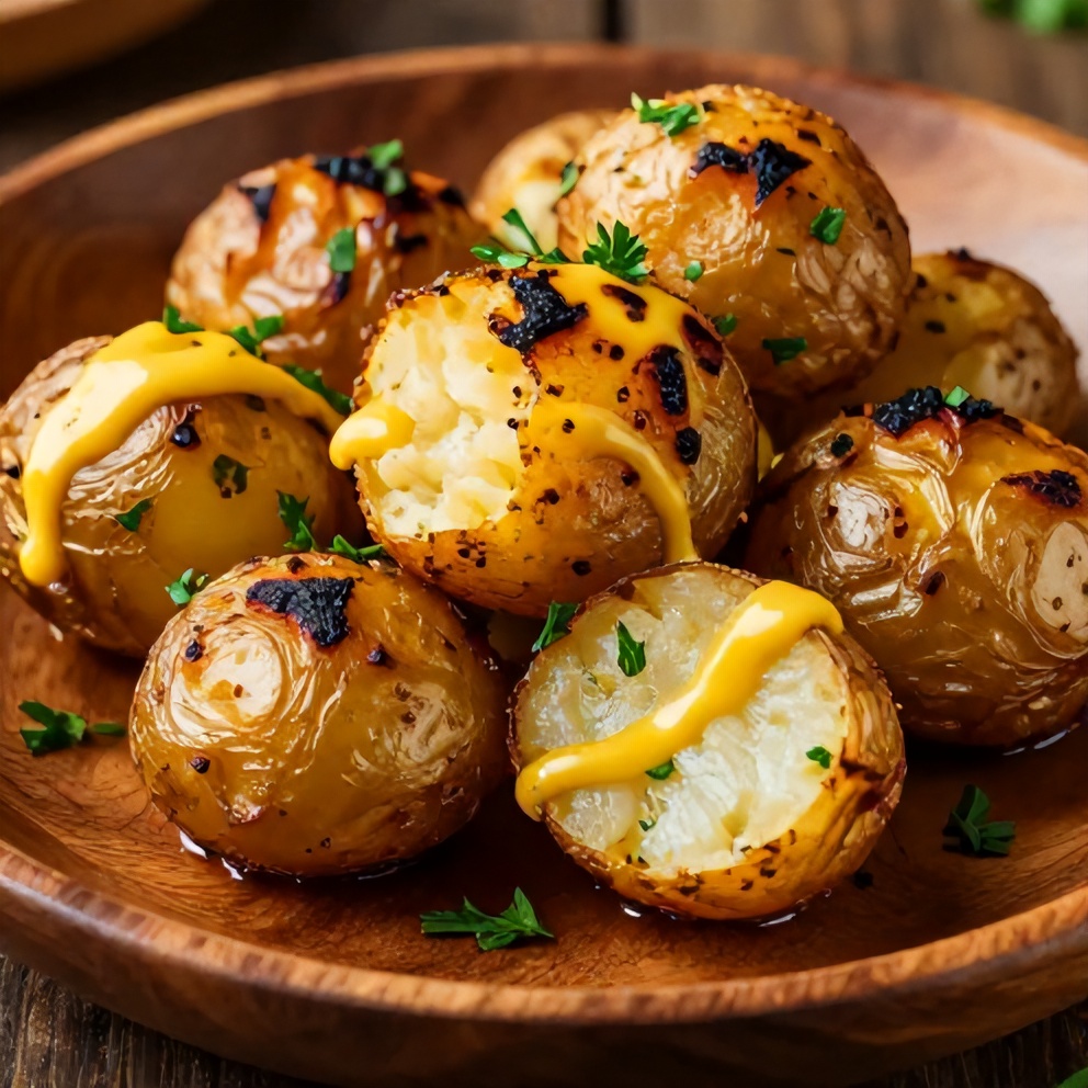 Plated smoked baby potatoes with beer mustard