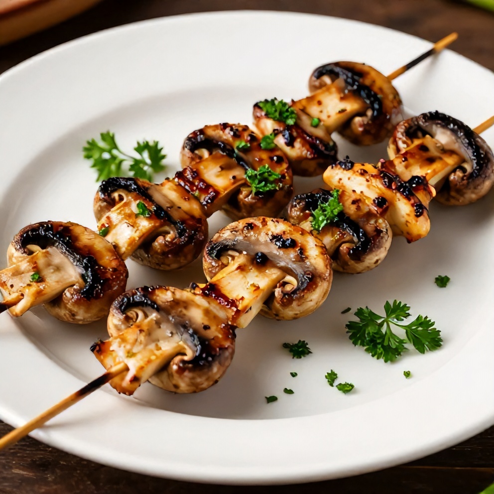 Plated grilled mushroom skewers with parsley garnish