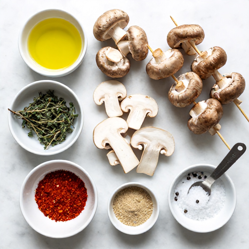 Raw mushrooms, skewers, olive oil, and seasonings laid out