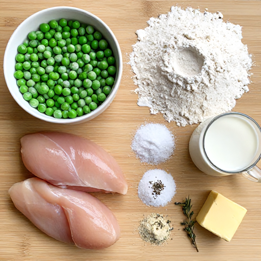 Ingredients for Easy Southern Peas and Dumplings laid out on a wooden surface